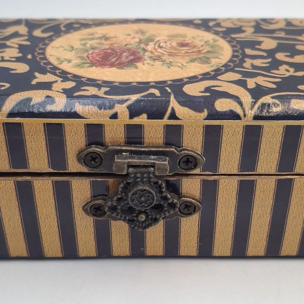Vintage Small Wooden Jewelry Box Floral Rose Print Gold Foil Decoupage Latch